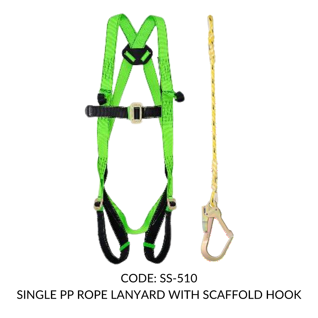 FULL BODY HARNESS FOR LADDER /TOWER CLASS L WITH TEXTILE LOOP AT CHEST LEVEL WITH 1.8M SINGLE PP ROPE LANYARD WITH SCAFFOLD HOOK