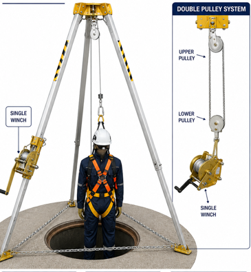 TRIPOD WITH WINCH 10 METER DOUBLE PULLEY WITH SINGLE WINCH