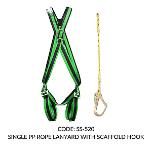 FULL BODY HARNESS FOR WITH STERNAL D RING FOR CONTROLLED DESCENT FROM HEIGHT CLASS D WITH STERNAL D RING AT FRONT WITH 1.8M SINGLE PP ROPE LANYARD WITH SCAFFOLD HOOK