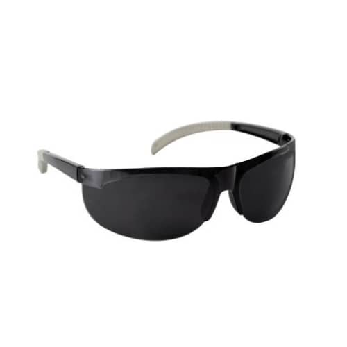 POLYCARBONATE FRAME LESS SPECTACLE WITH CURVED EDGES SMOKE LENS HARD COATED / TEMPLES WITH RUBBER PADDING FOR MORE GRIP WARE AROUND DESIGN